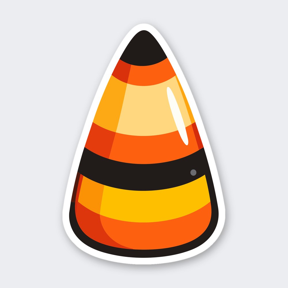 Cartoon candy corn with black, orange, yellow and cream stripes and a white gloss highlight