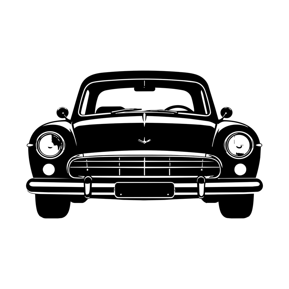 Black and white front view sticker of a classic car with round headlights and chrome grille