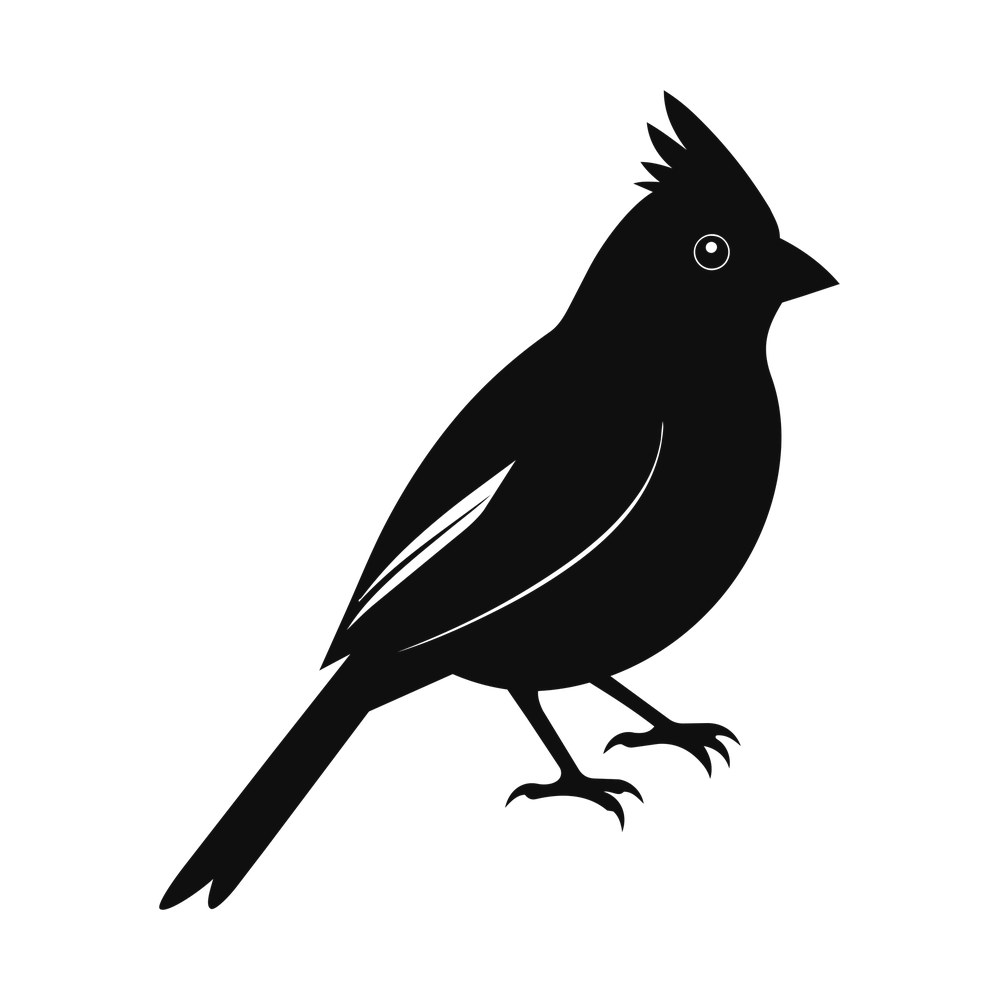 Black silhouette of a perched cardinal bird with crest, long tail and clawed feet