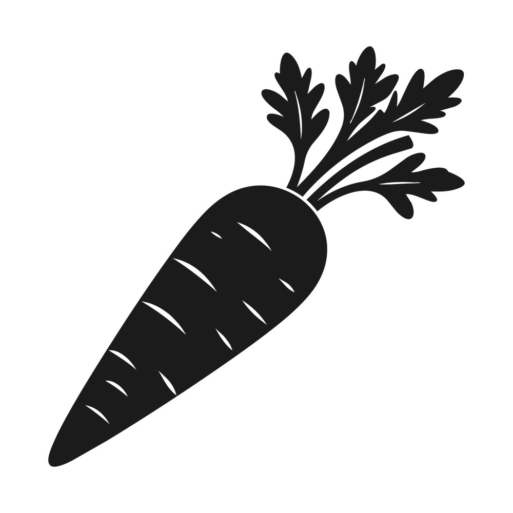 Black silhouette sticker of a carrot with ridge lines and a feathery leafy top