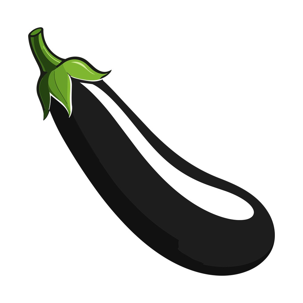 Cartoon dark purple eggplant with glossy white highlight and green leafy stem on white