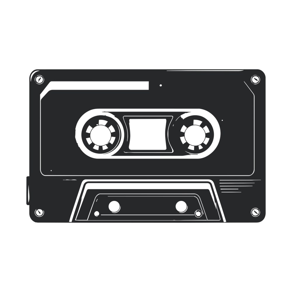Retro black cassette tape sticker with blank label, two spool windows, corner screws and tape guard