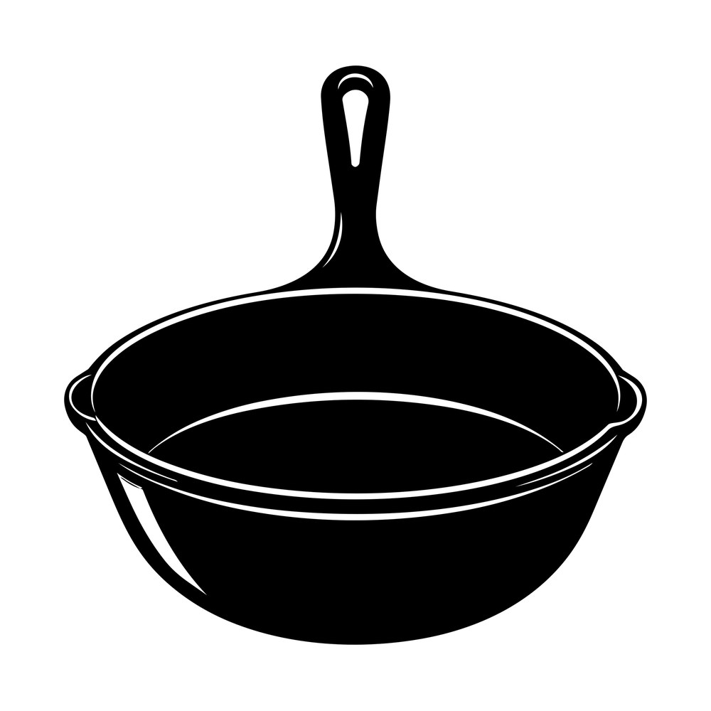 Black cast iron skillet sticker seen from the front with pour spouts, rim highlight and long handle