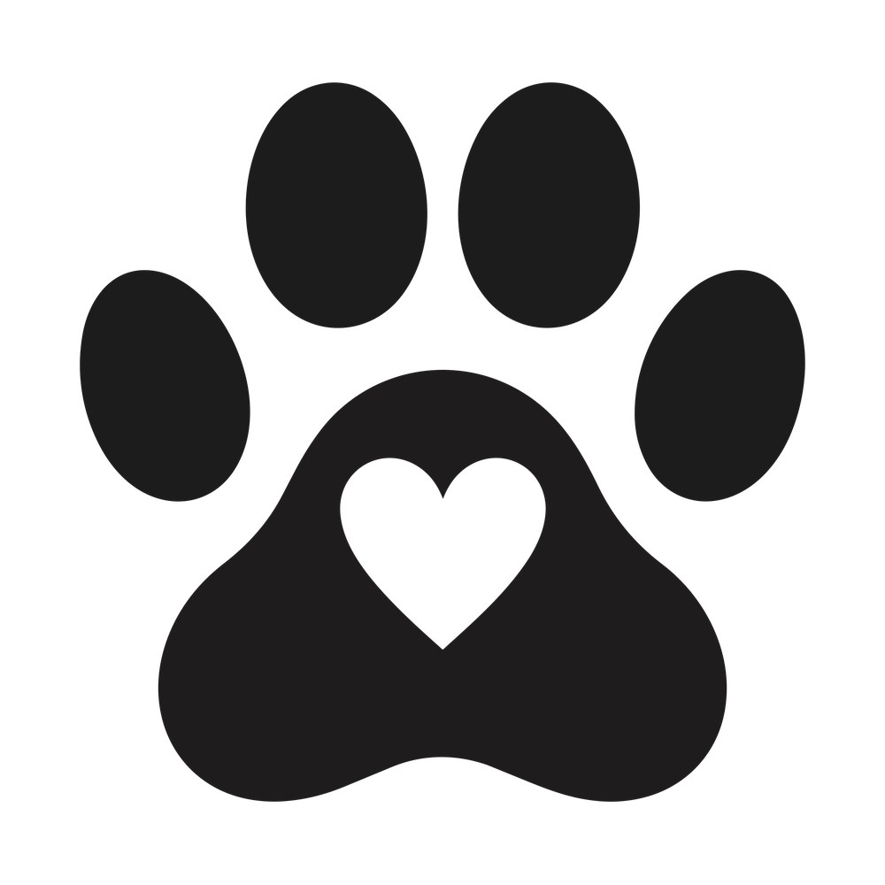 Solid black cat paw print with four toe pads and a heart shape cut out of the center pad