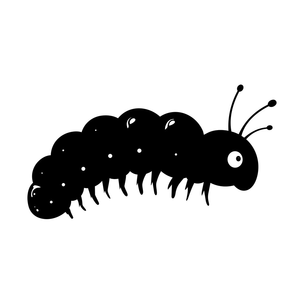 Black silhouette of a chubby caterpillar with round body segments, dot spots and three clubbed antennae