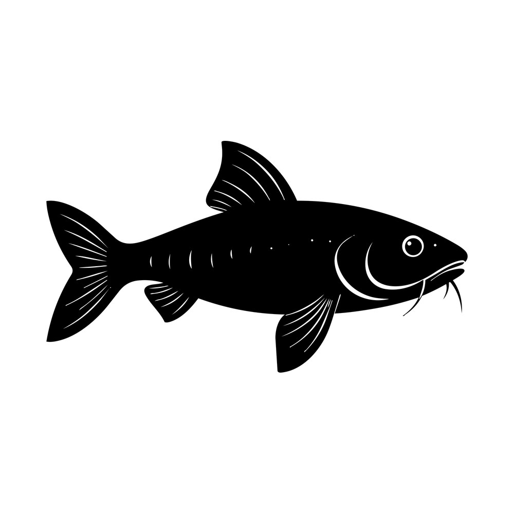 Black side silhouette of a catfish with long barbels, tall dorsal fin, fin ray lines and forked tail
