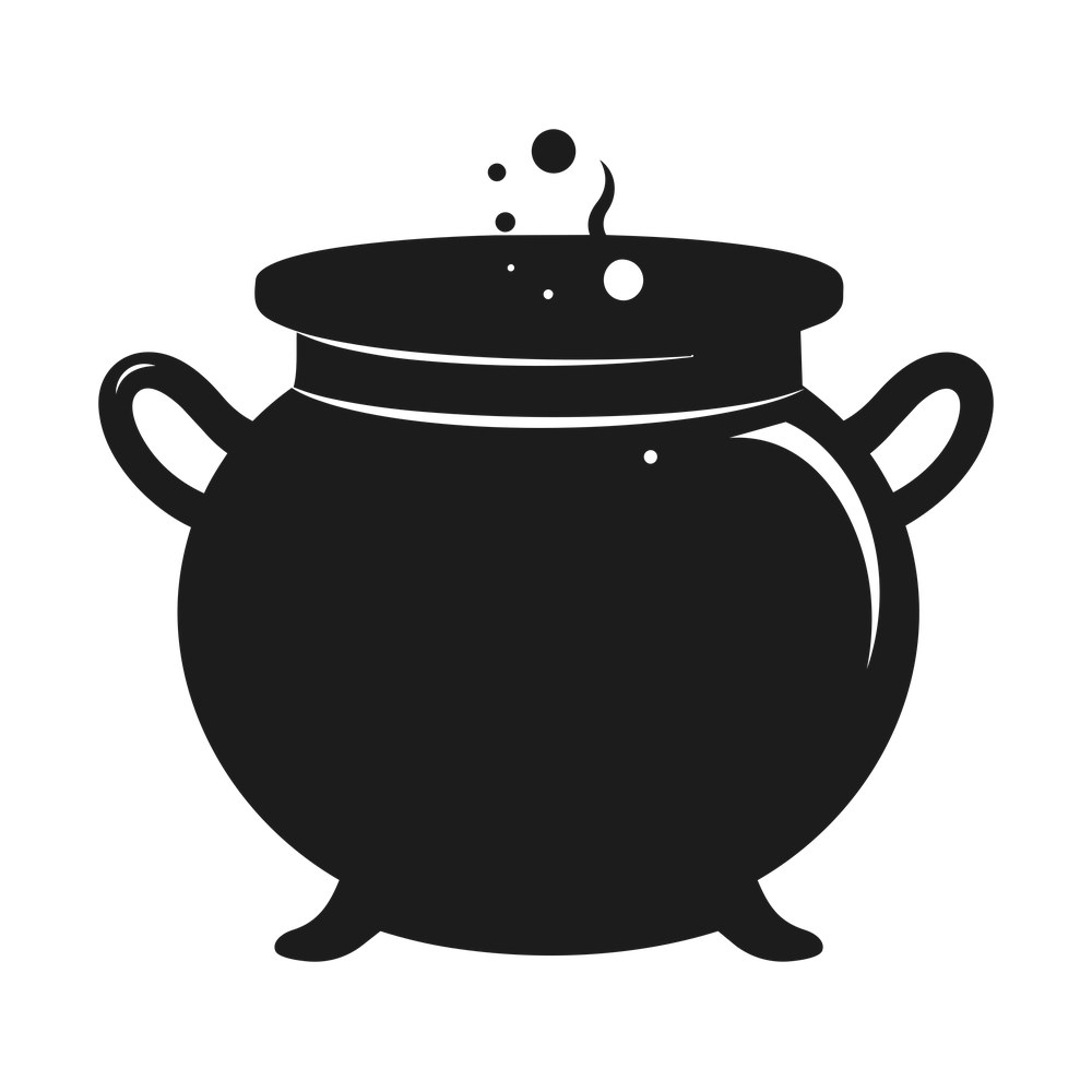 Black silhouette of a bubbling witch cauldron with side handles, curling steam and bubbles