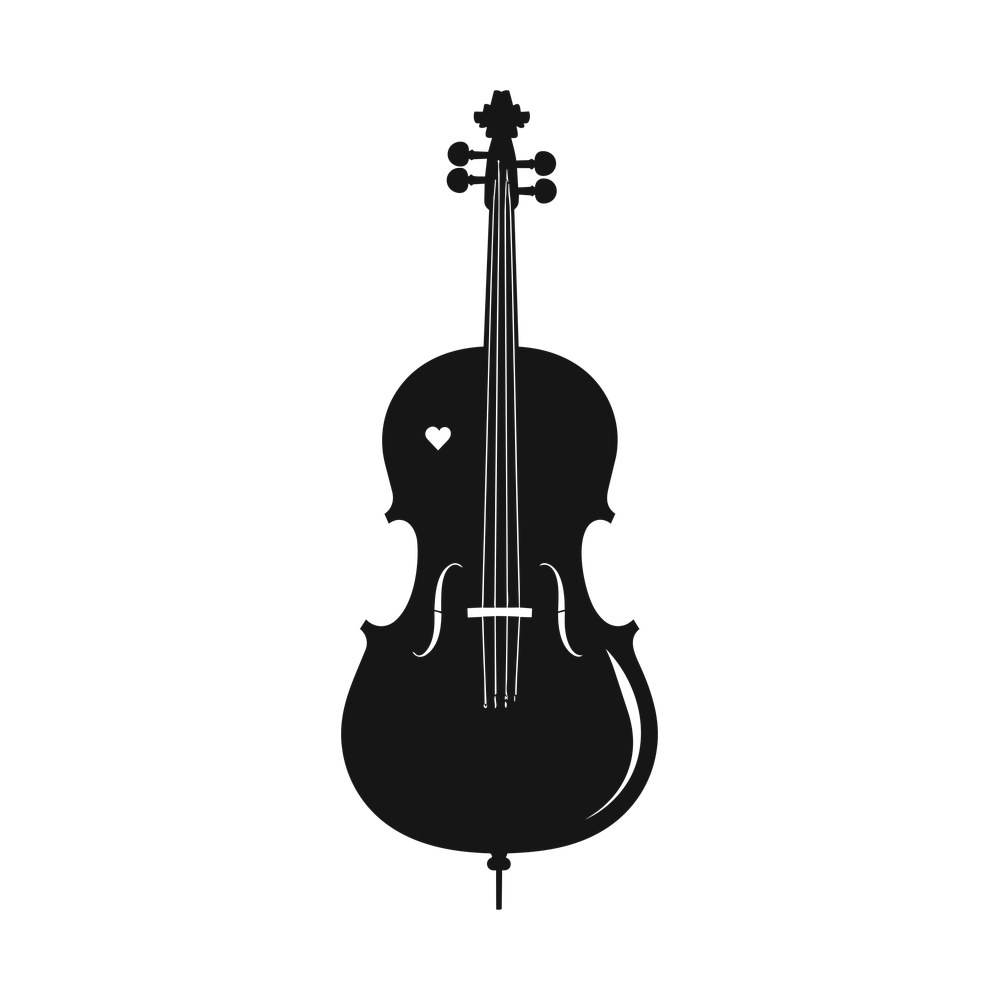 Black cello silhouette with four strings, f-holes, scroll and small heart cut into the body