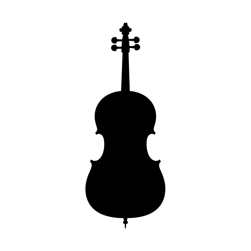 Black silhouette sticker of a cello with scroll, four tuning pegs, f-holes and endpin