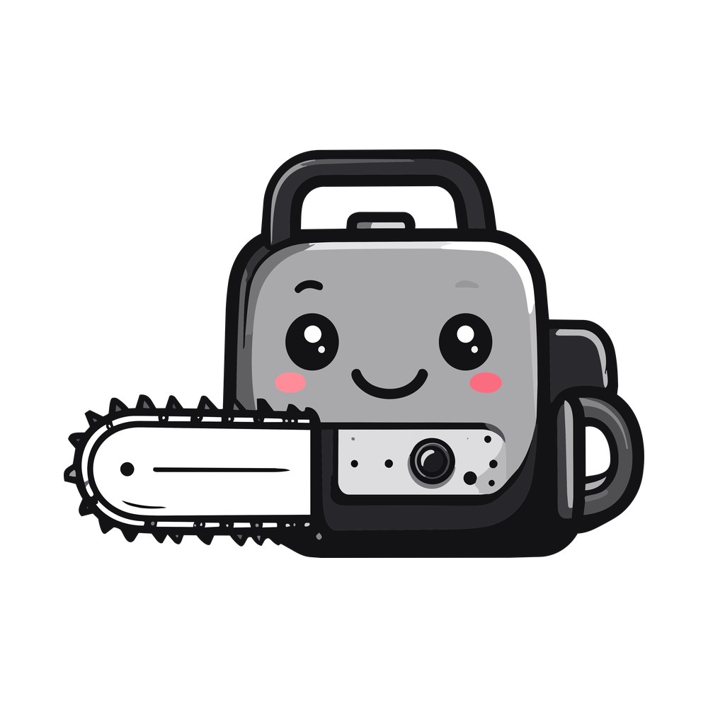 Cartoon chainsaw with big eyes, pink cheeks and toothed guide bar in shades of gray