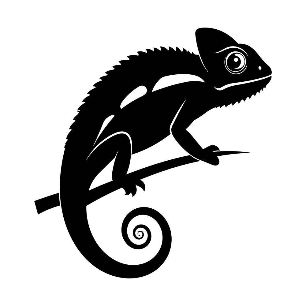 Black chameleon silhouette gripping a branch, with crest spikes, ringed eye and spiral curled tail