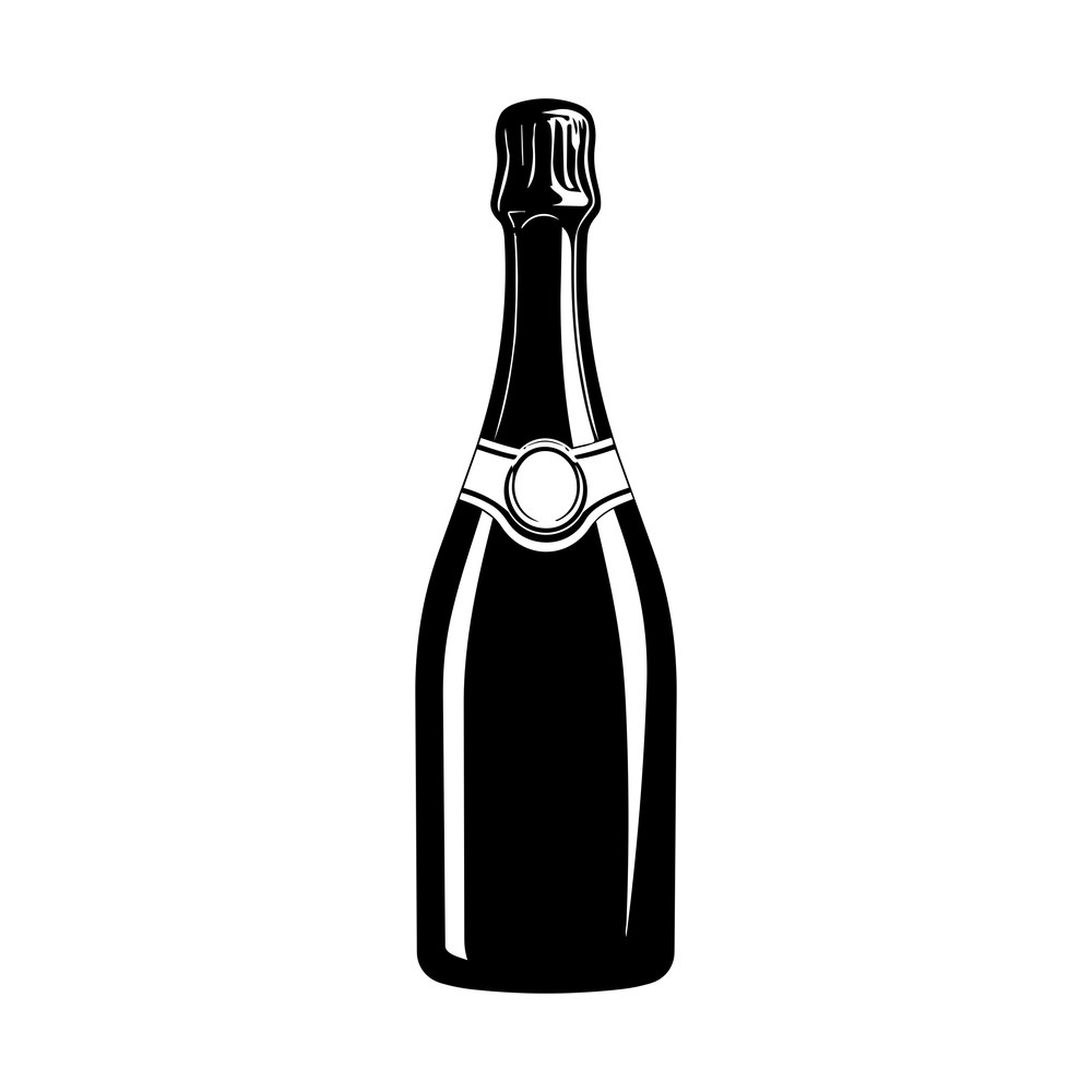Solid black champagne bottle decal with foil-wrapped neck, round seal and slim glass highlights