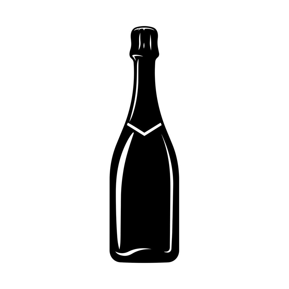 Sticker of a tall champagne bottle with pleated foil neck, sloped shoulders and highlight lines