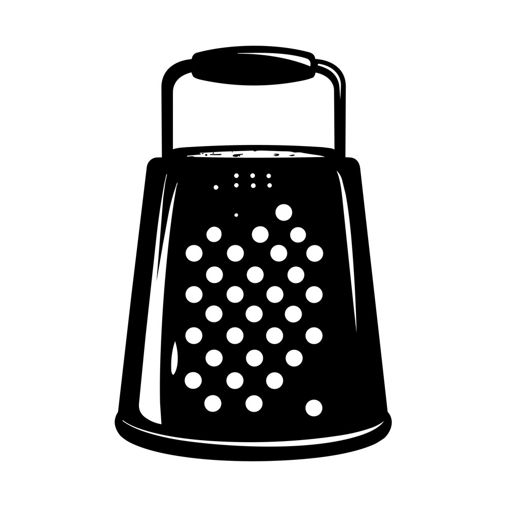 Black box cheese grater with arched handle and grid of round grating holes