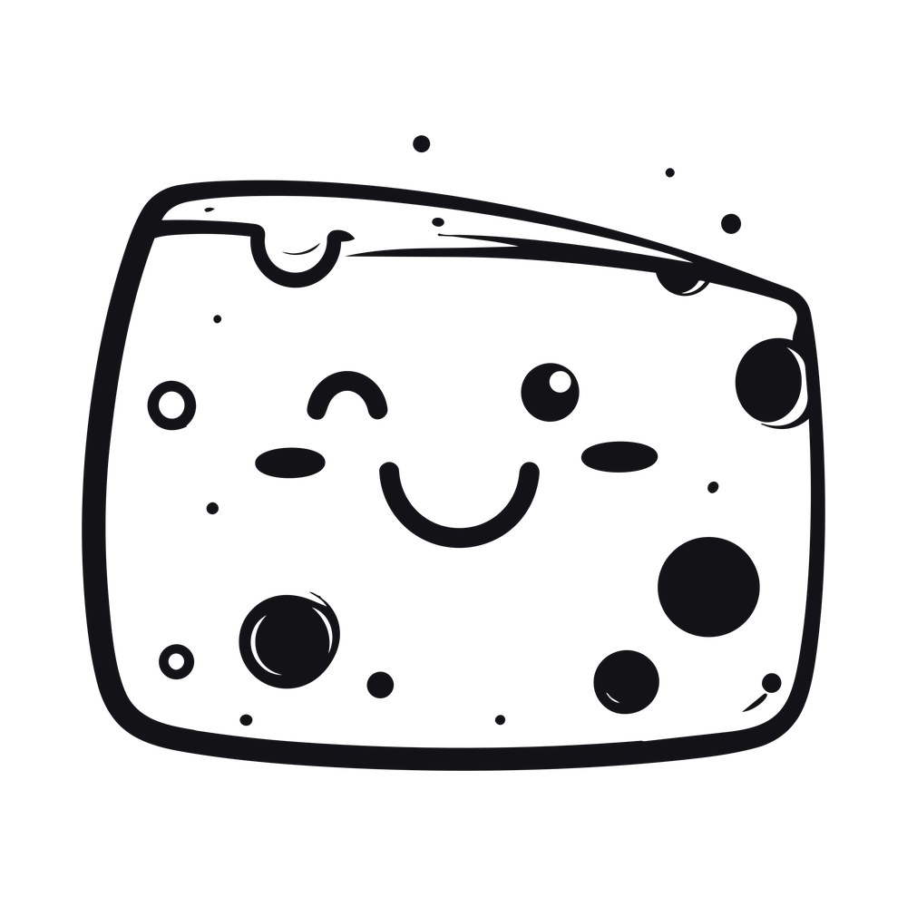 Cartoon cheese wedge with a winking eye, smiling mouth and round holes, black outline