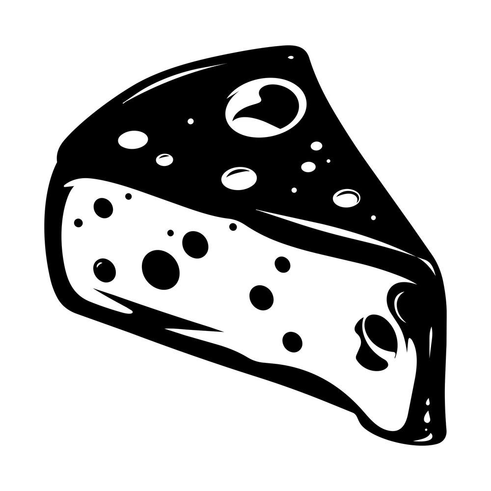 Bold black and white wedge of holey cheese drawn in an inked hand-drawn style