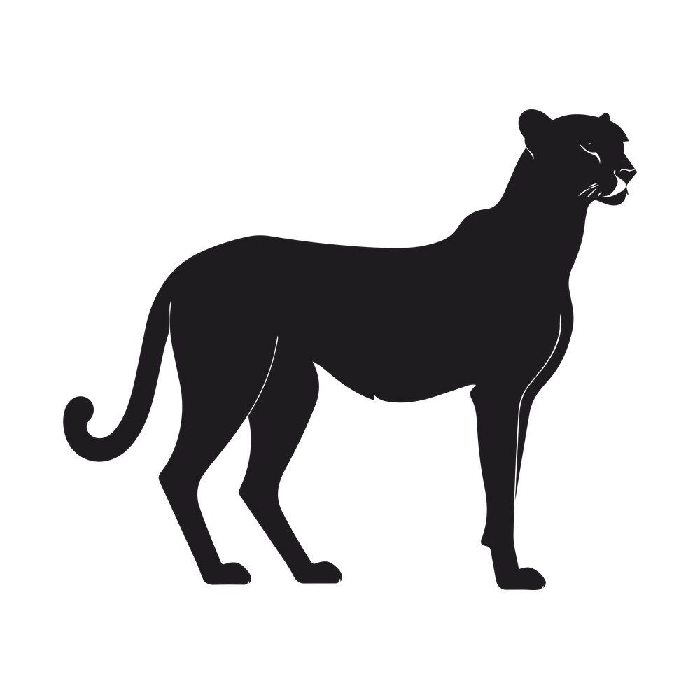 Solid black silhouette of a cheetah standing in side profile with a curled tail