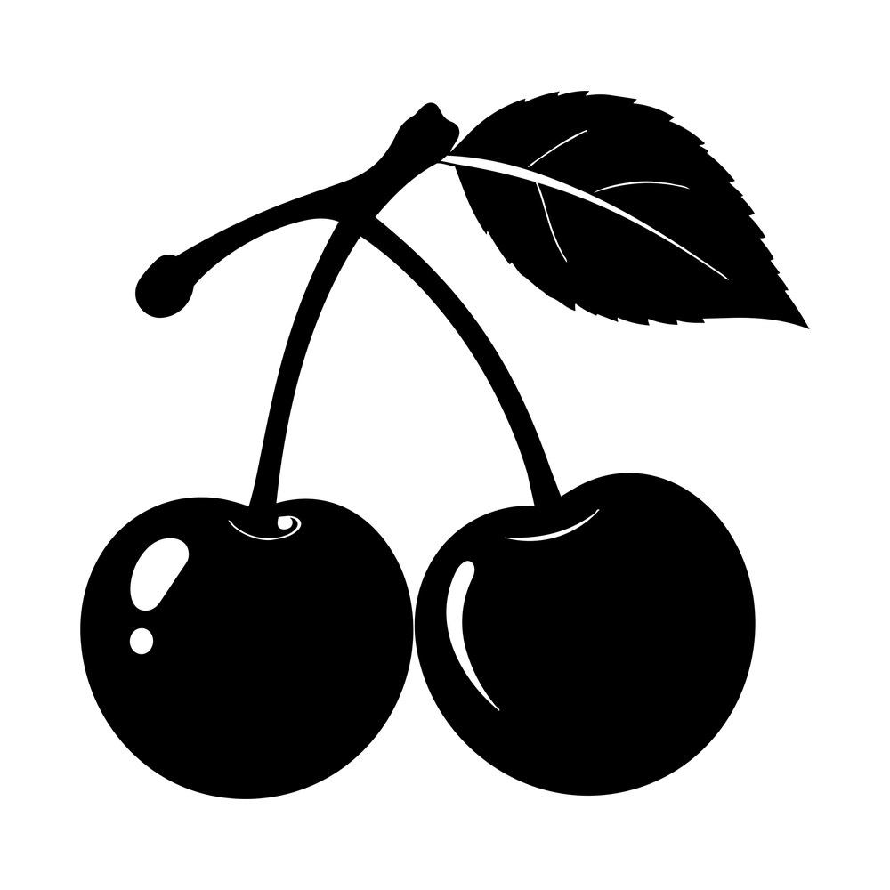 Two cherries on joined stems with a single serrated leaf, drawn as a solid black sticker shape