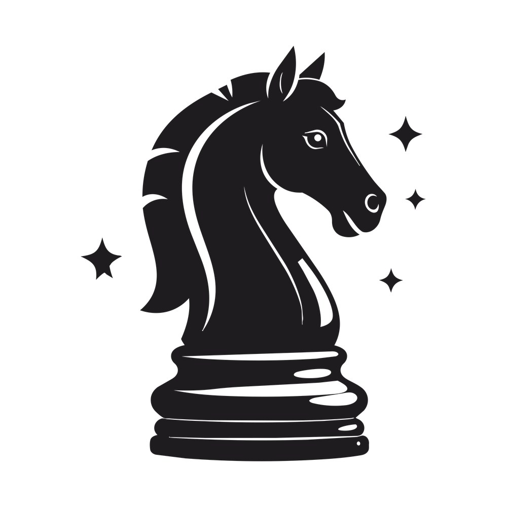 Black chess knight horse head piece on a ringed base with four sparkle stars
