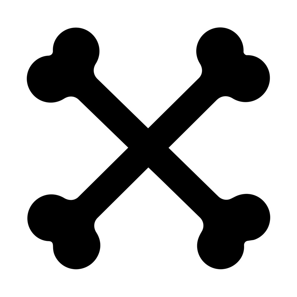 Two solid black dog bones crossed in an X shape with rounded knobbed ends