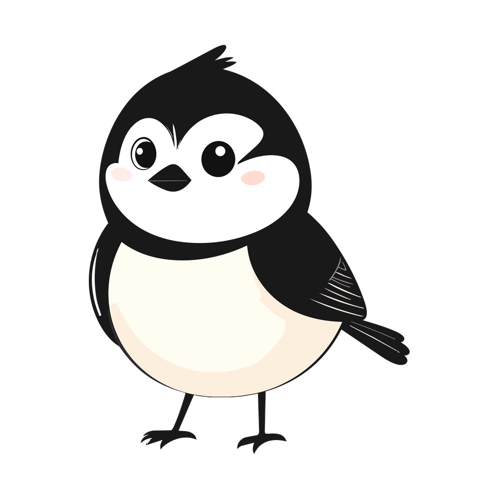Cartoon chickadee bird with black cap, cream belly and pink blushed cheeks