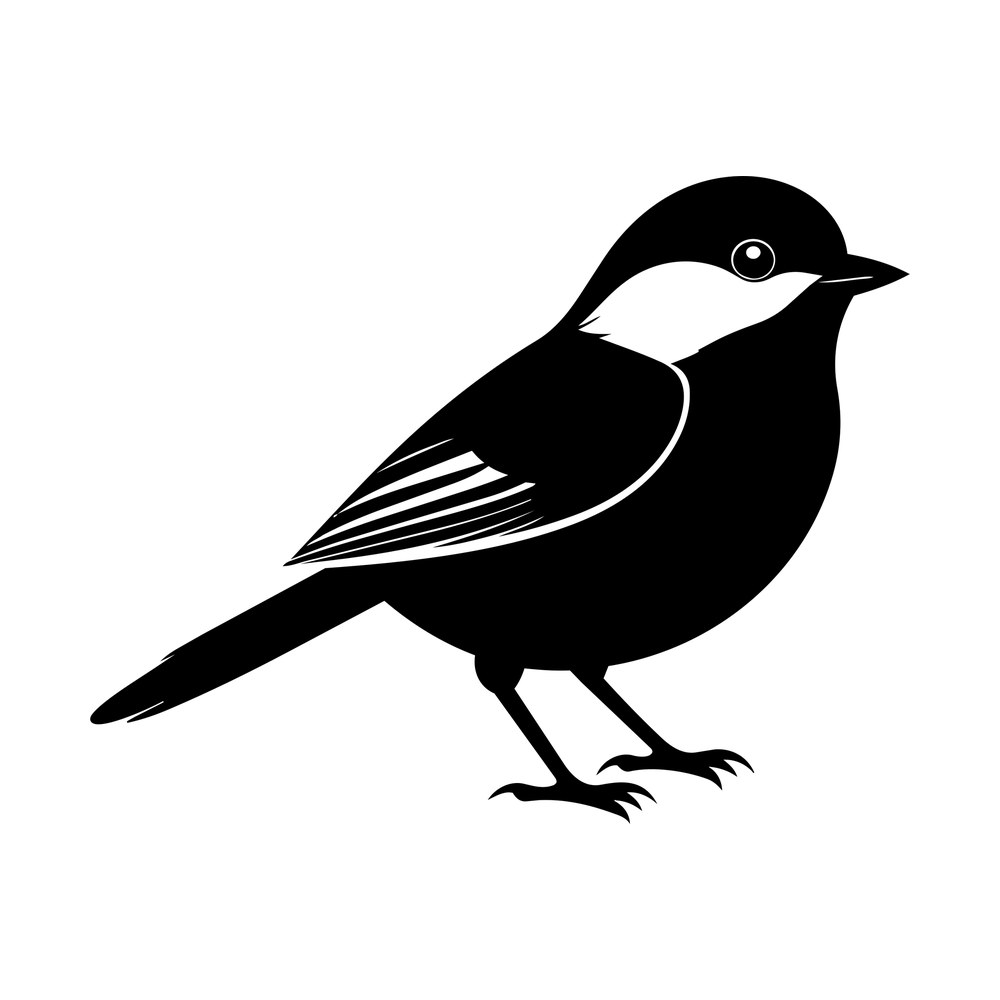 Black silhouette of a perched chickadee with pale cheek patch, striped wing and long tail