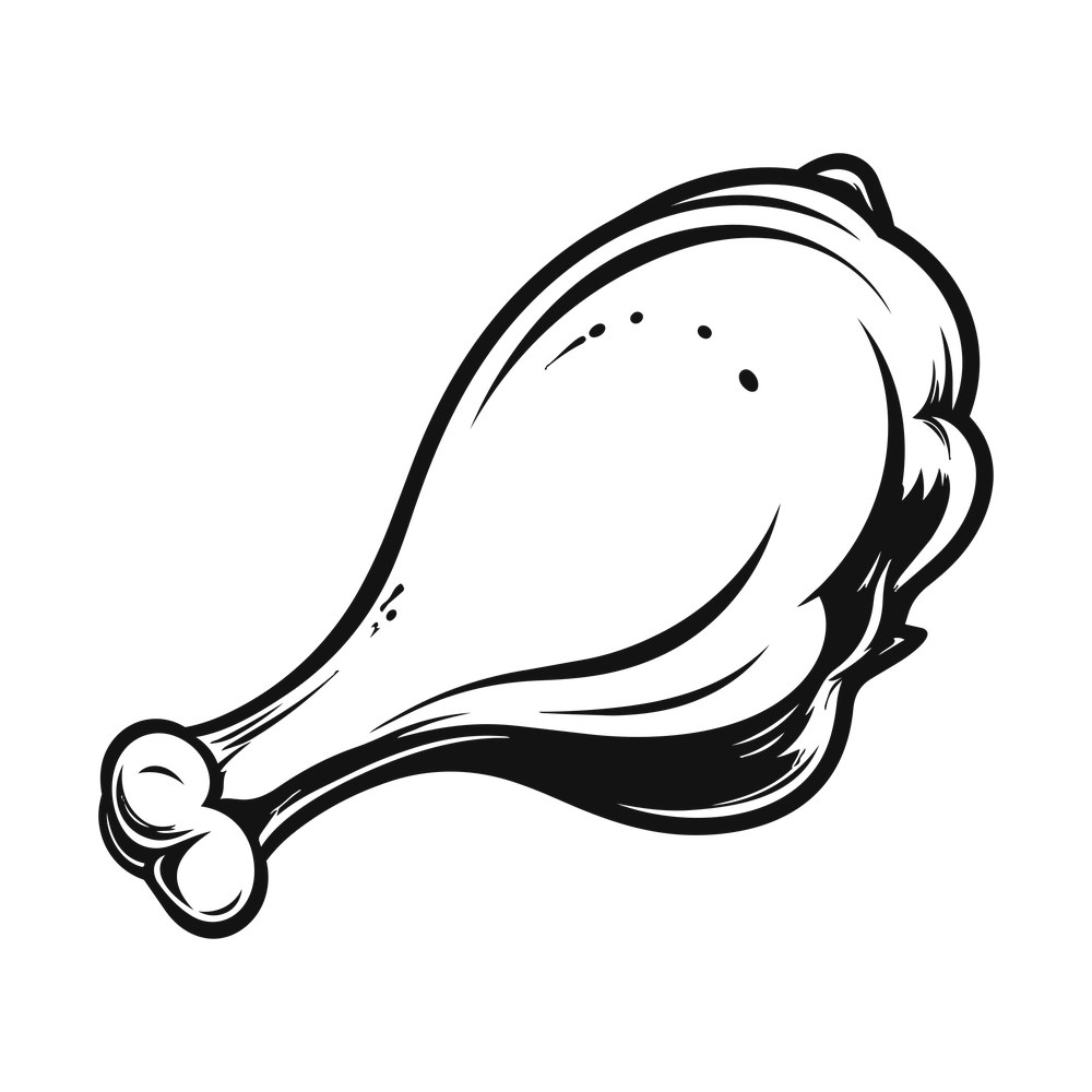 Black and white retro chicken drumstick with bone and inked shading