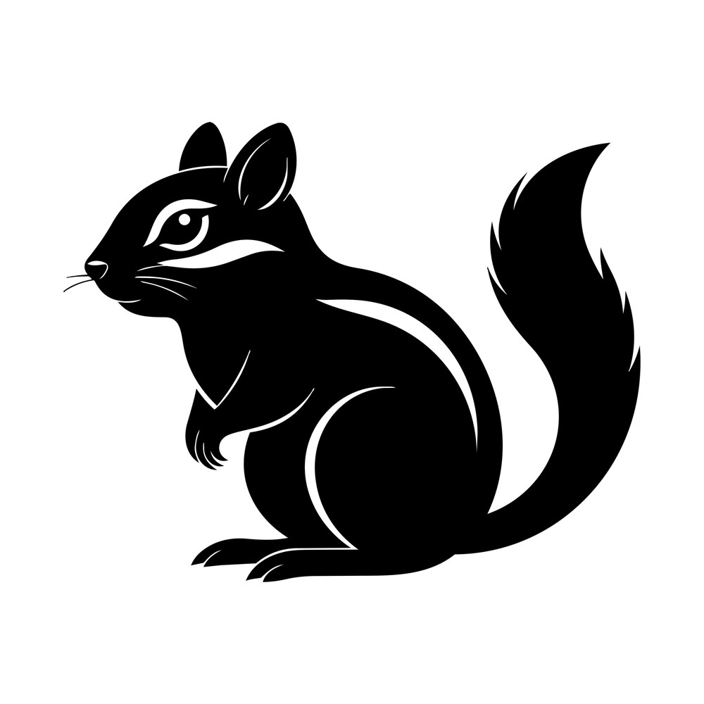 Black silhouette of a chipmunk sitting in profile with striped back, whiskers and bushy tail