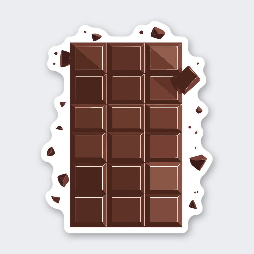 Sticker of a milk chocolate bar with an 18-square grid, a broken chunk and scattered cocoa crumbs