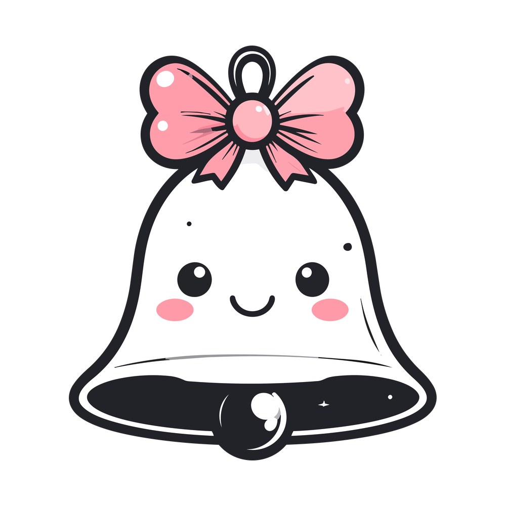 Cute cartoon Christmas bell with a smiling face, blush cheeks and a pink ribbon bow on top