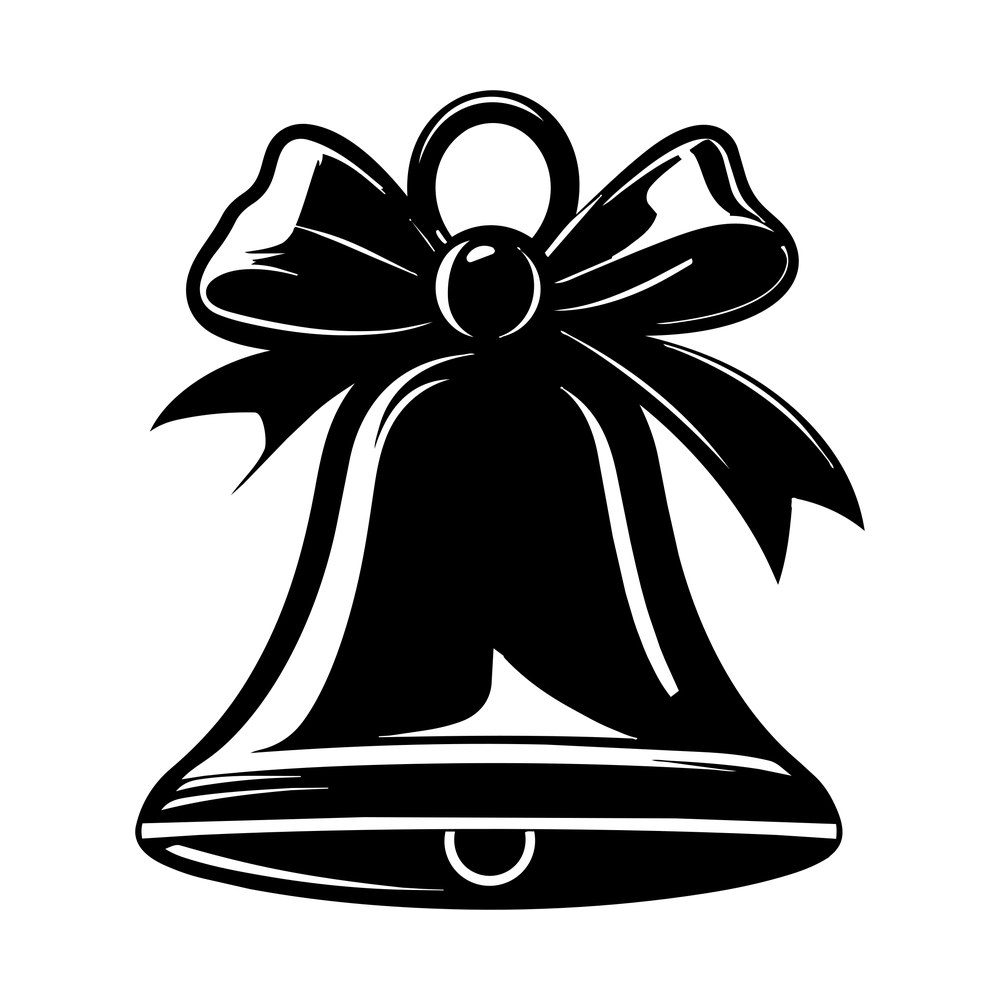 Black silhouette of a Christmas bell with a ribbon bow and hanging loop
