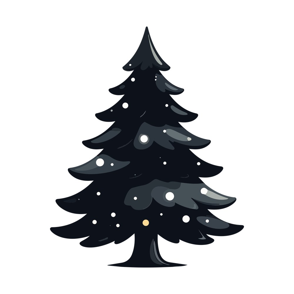 Dark charcoal pine Christmas tree with gray snowy branch highlights and white ornament dots