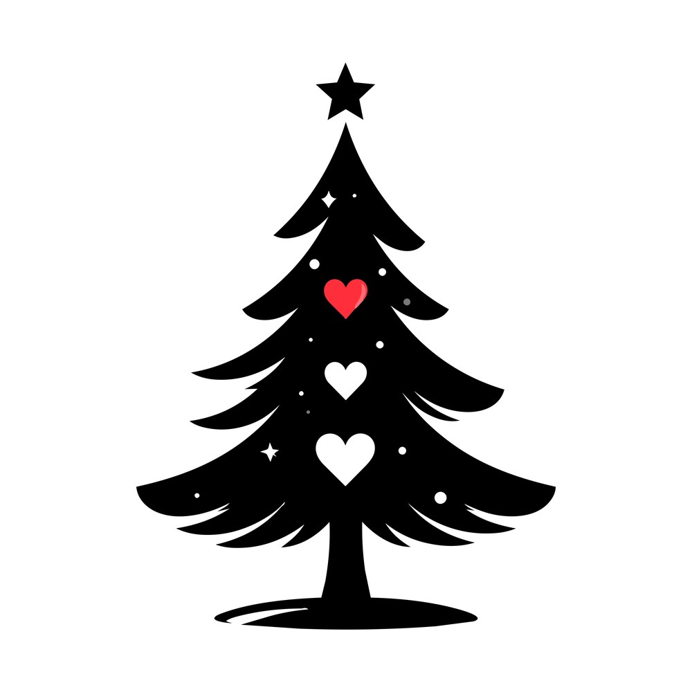 Black Christmas tree silhouette with star topper, three hearts including one red, and dots