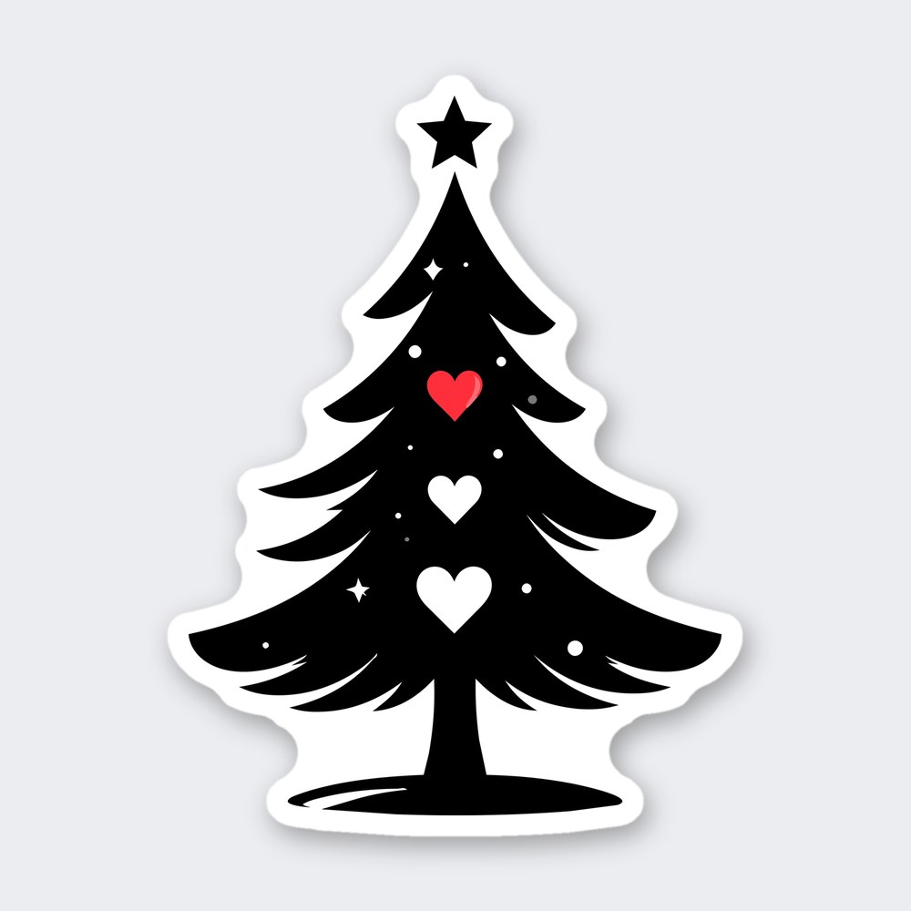 Black Christmas tree silhouette with star topper, three hearts including one red, and dots