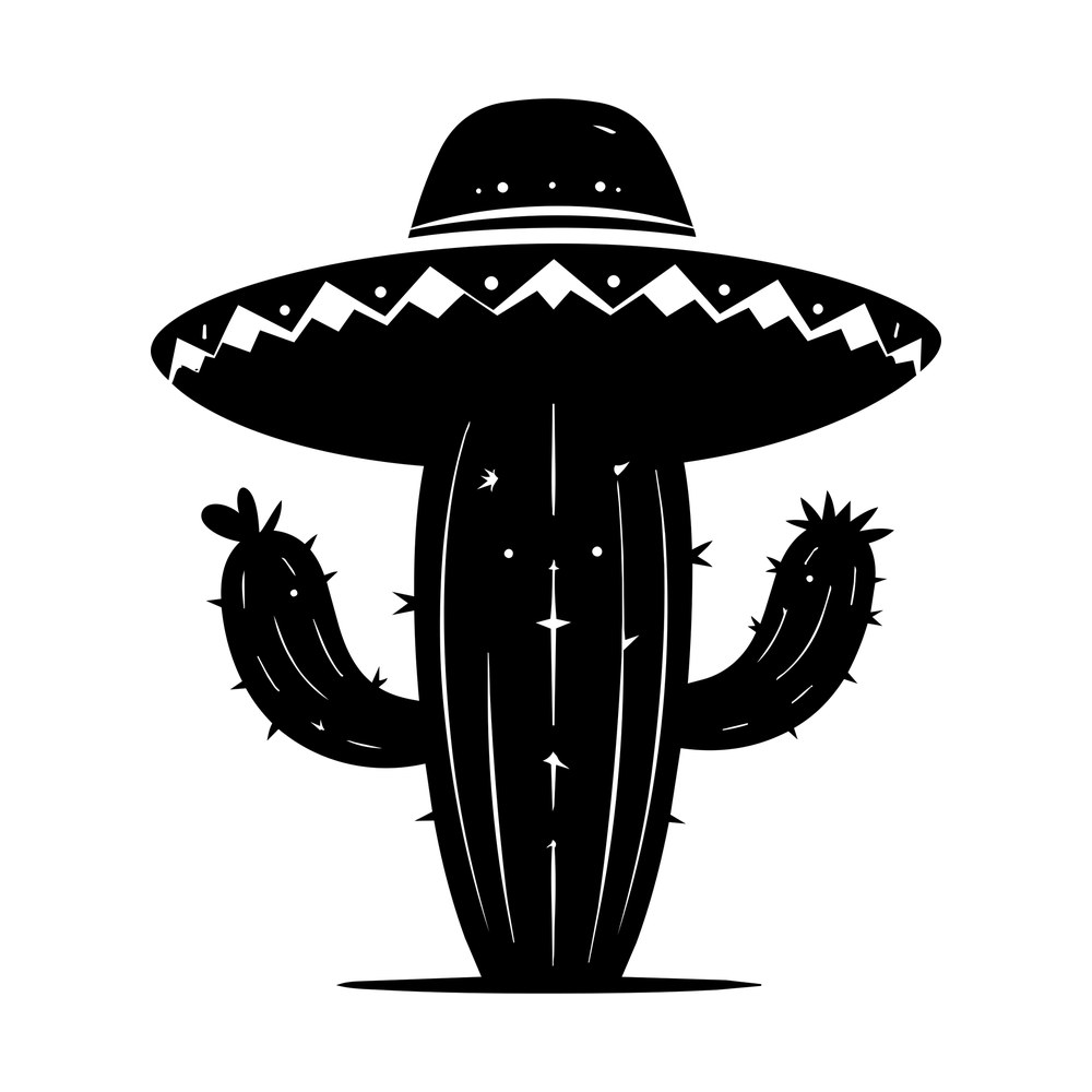 Black saguaro cactus wearing a wide sombrero with zigzag brim trim and spines