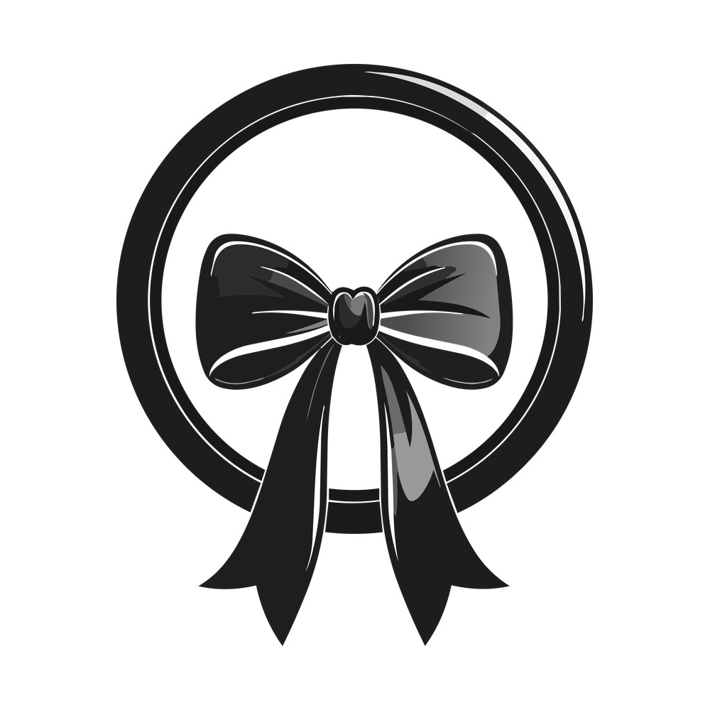 Black circle frame with a glossy chunky bow tied at the front and two long ribbon tails