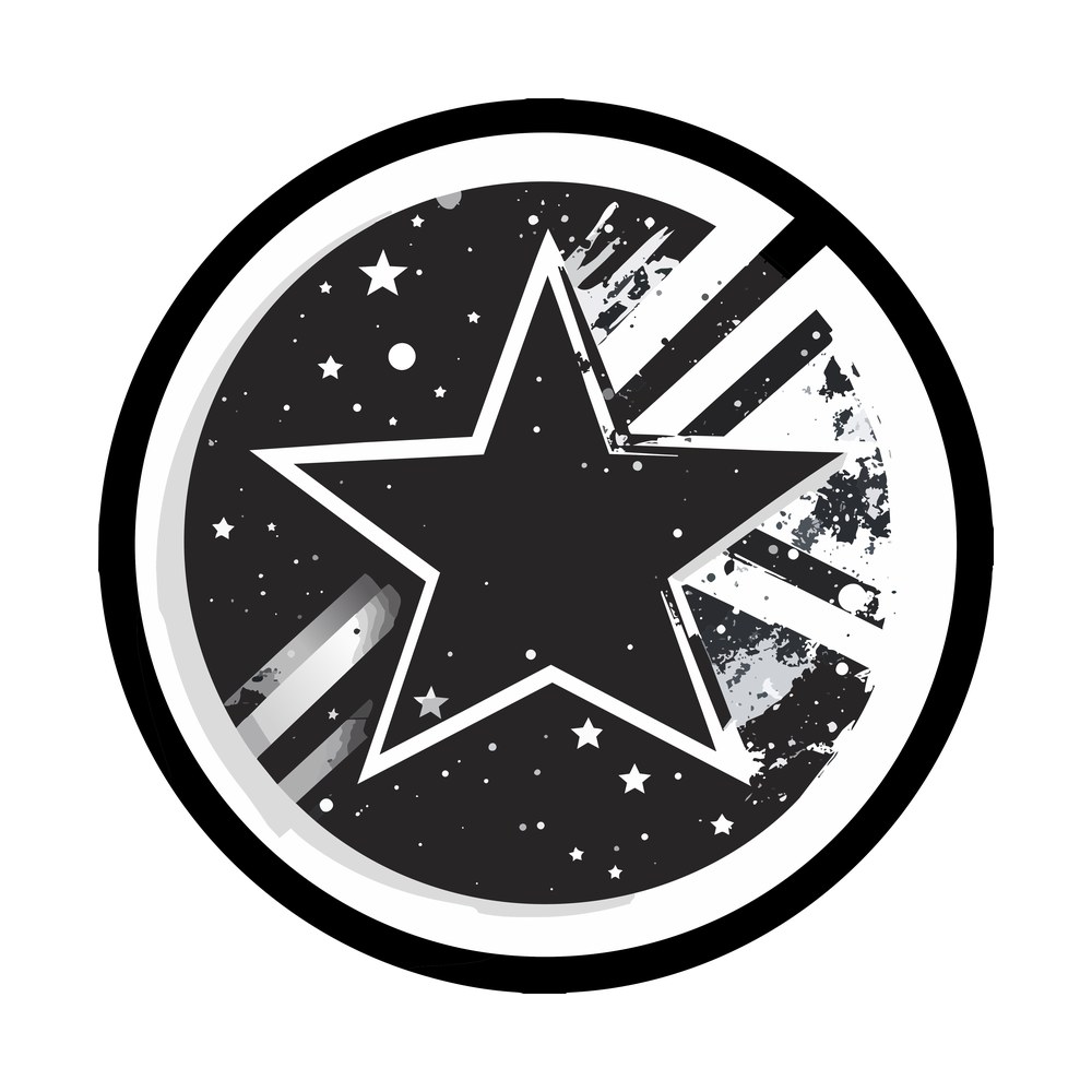 Monochrome badge with an outlined star, grunge rays and speckled small stars inside a circle