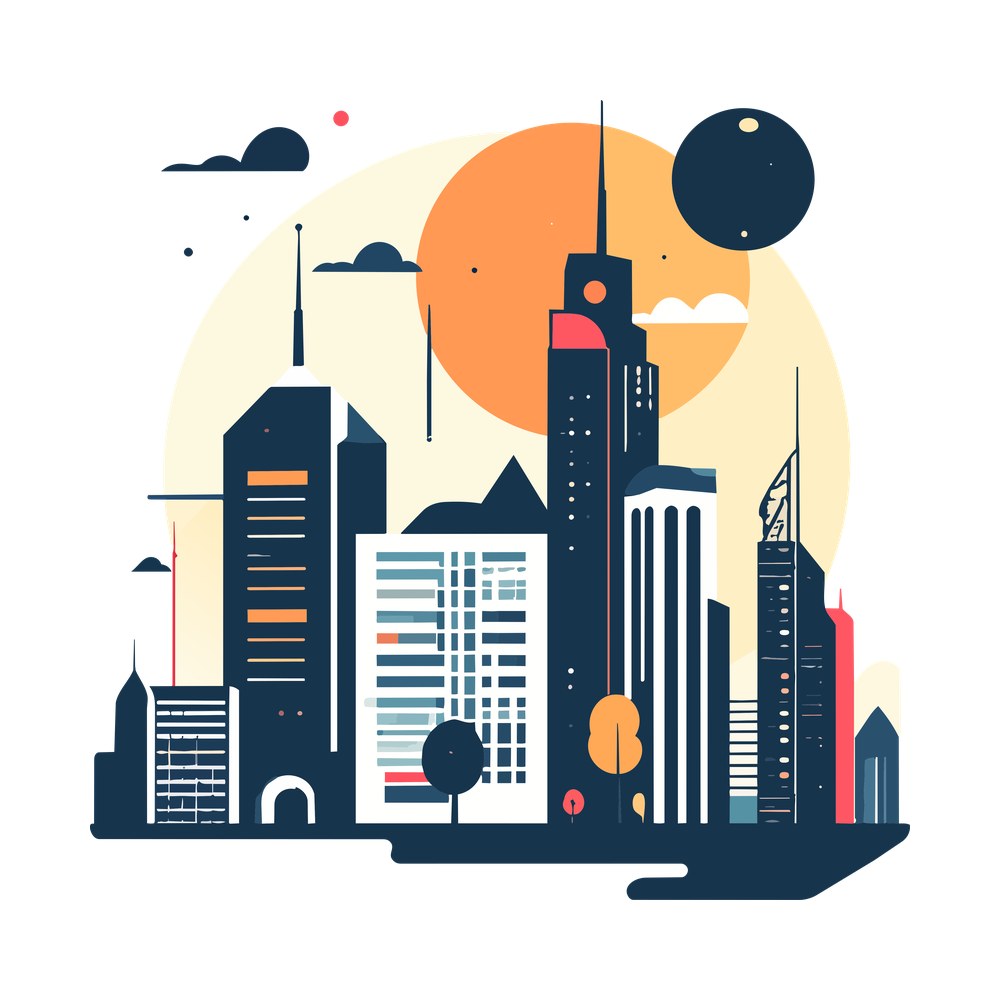 Flat vector navy city skyline with orange sun, cream sky, clouds, moon and small trees
