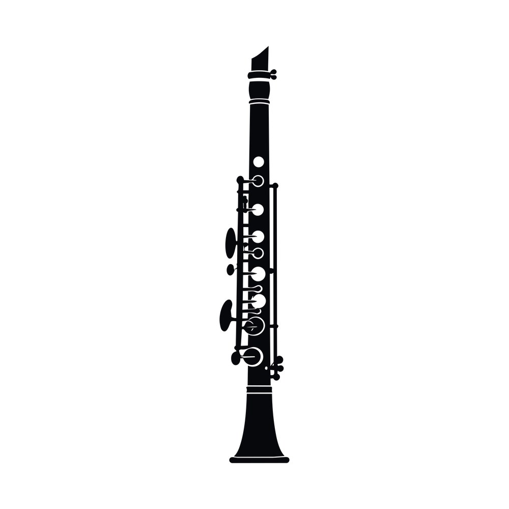 Black silhouette decal of an upright clarinet showing keys, rings and the flared bell