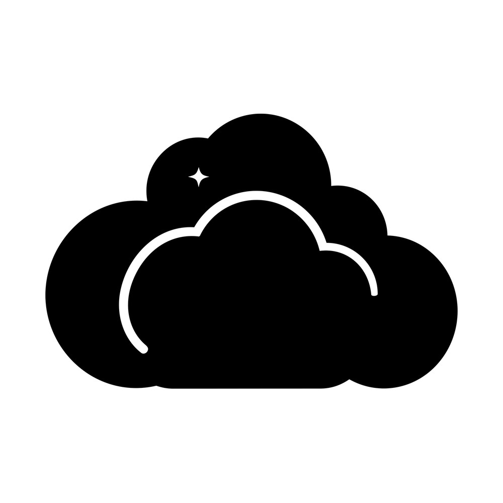 Two stacked black puffy clouds with a small white sparkle, sticker illustration
