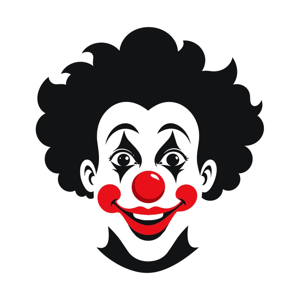 Bold clown face with big black curly hair, red ball nose, red cheeks and a wide red smile