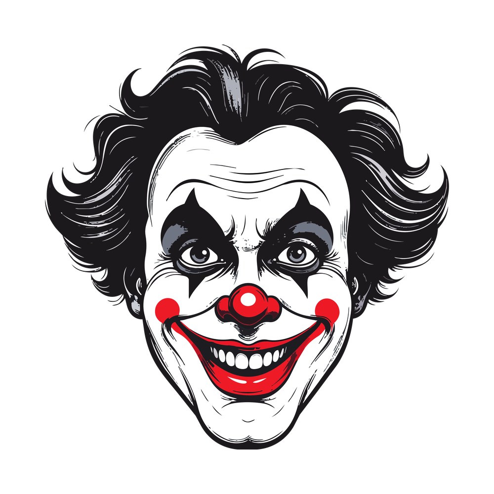 Sketched clown face with wild black hair, star eye paint, red nose, red cheeks and a wide grin
