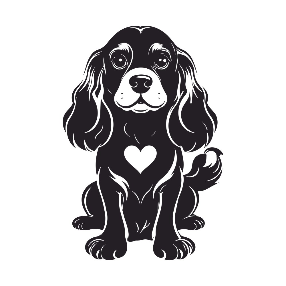 Sitting cocker spaniel puppy silhouette with long ears and a heart cut out of its chest