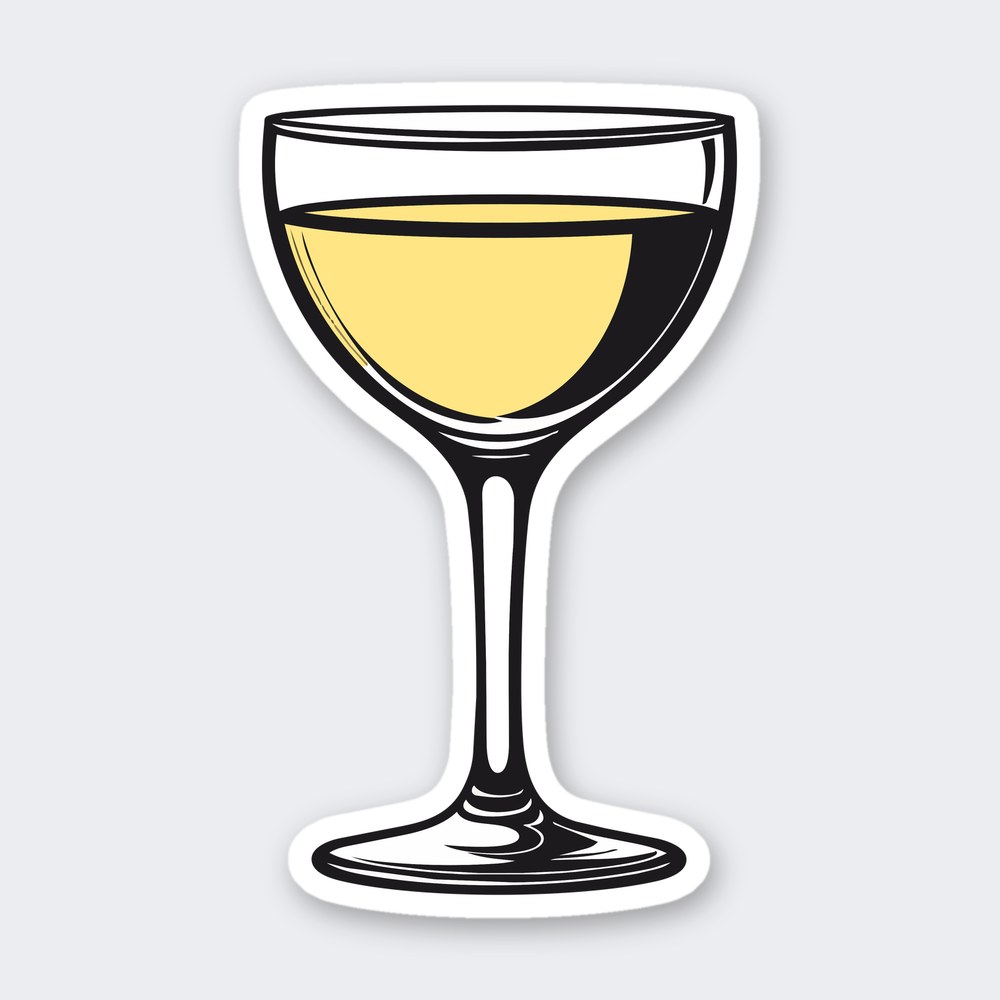 Inked coupe cocktail glass sticker with pale yellow drink, dark shading and white highlights