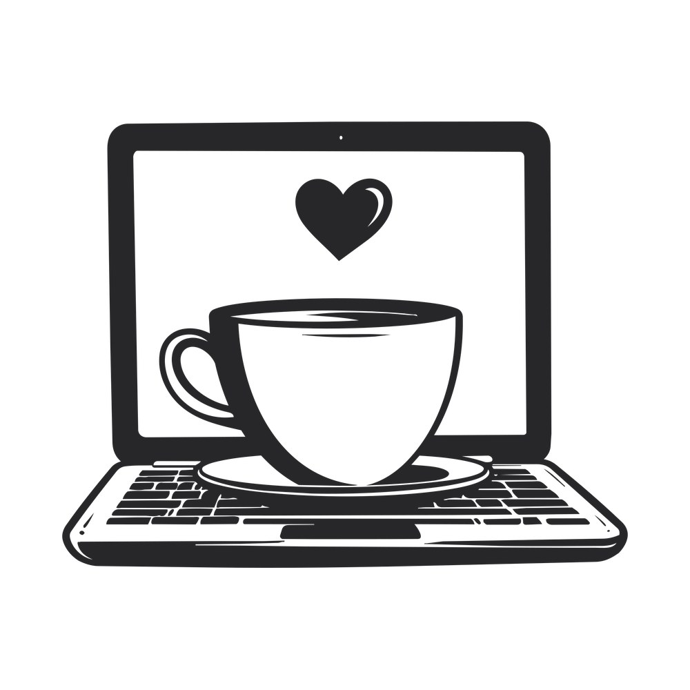 Line-art laptop with a coffee cup and saucer on the keyboard and a heart on the screen