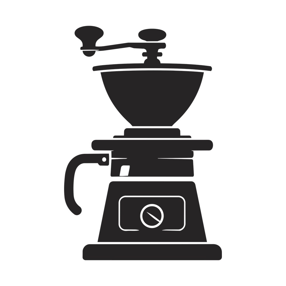 Black sticker of a vintage hand crank coffee grinder with hopper, pour spout and dial