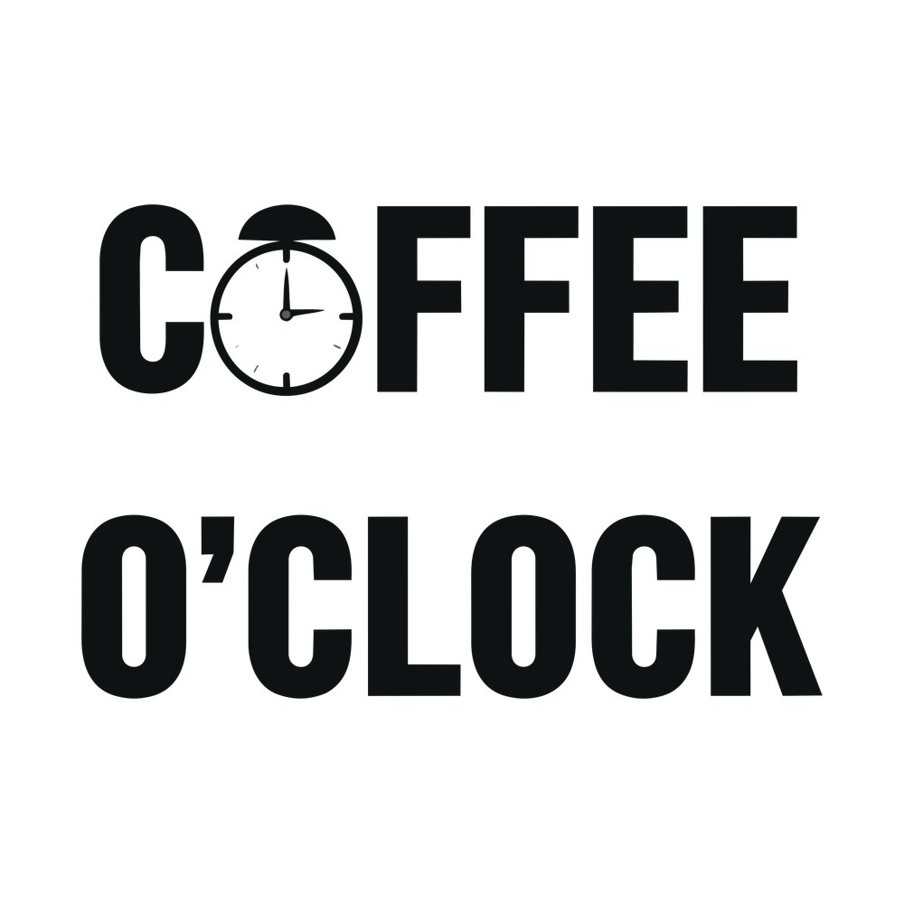 Condensed block letters reading Coffee O'Clock with an alarm clock forming the first O