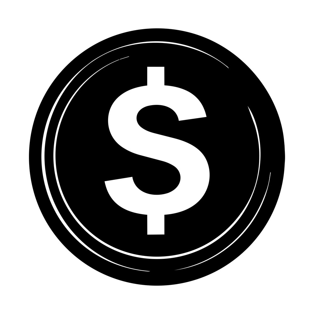 Black round coin silhouette with a white dollar sign in the center and sketched inner rim