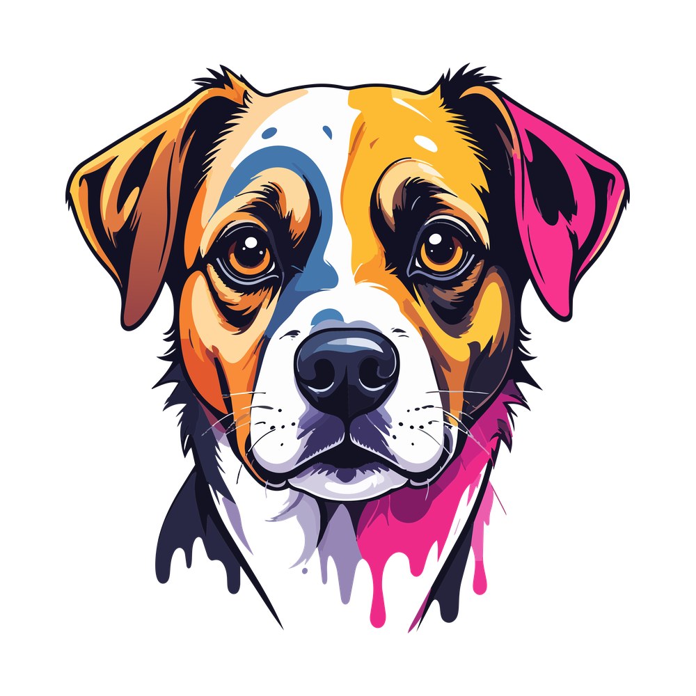 Dog face portrait in orange, yellow, pink and blue with paint drips below the chin