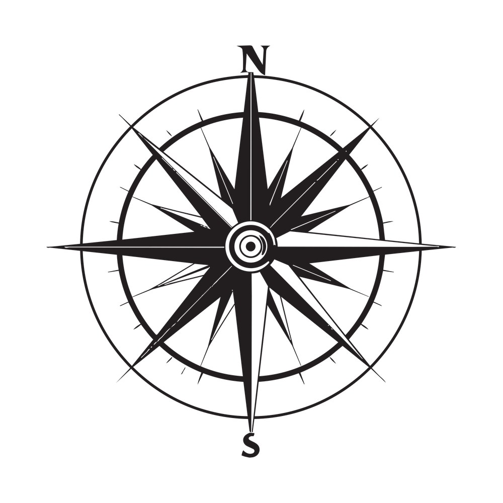 Black compass rose with sixteen points, two ringed circles, degree ticks and N and S letters
